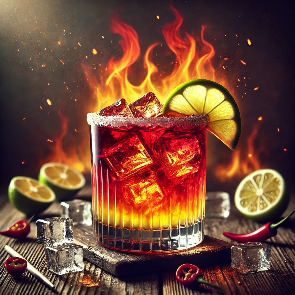 Gates of Hell cocktail in een whiskeyglas, een vurige mix van tequila, cherry brandy, citroen- en limoensap, geserveerd met gecrushed ijs en gegarneerd met een schijfje citroen en limoen, op een rustieke houten tafel met verspreid ijs en citruspartjes.