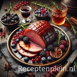 Een rustieke foodfoto van geglaceerde achterham met een glanzende saus van bosvruchten en port, deels aangesneden om het sappige vlees te tonen, geserveerd op een schaal op een donkere houten tafel met bessen, port en rozemarijn eromheen.