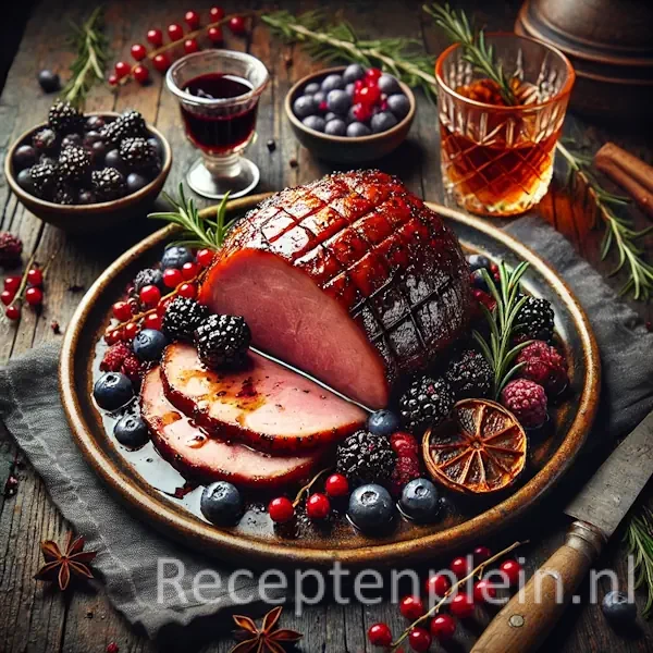Een rustieke foodfoto van geglaceerde achterham met een glanzende saus van bosvruchten en port, deels aangesneden om het sappige vlees te tonen, geserveerd op een schaal op een donkere houten tafel met bessen, port en rozemarijn eromheen.