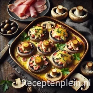 Een rustieke foodfoto van grote champignons gevuld met ham en olijventapenade, afgetopt met gesmolten kaas, geserveerd in een ovenschaal op een donkere houten tafel met champignons, ham en olijven eromheen.