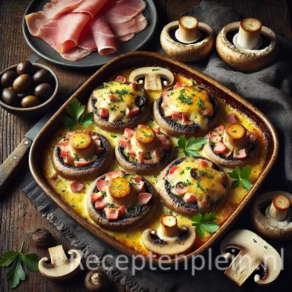 Een rustieke foodfoto van grote champignons gevuld met ham en olijventapenade, afgetopt met gesmolten kaas, geserveerd in een ovenschaal op een donkere houten tafel met champignons, ham en olijven eromheen.