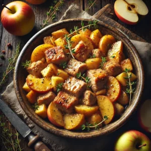 Een rustieke foodfoto van gemarineerd varkensvlees met stukjes koolraap en appel, licht geglazuurd en geserveerd in een kom op een donkere houten tafel met appels, koolraap en tijm eromheen.
