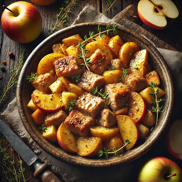 Een rustieke foodfoto van gemarineerd varkensvlees met stukjes koolraap en appel, licht geglazuurd en geserveerd in een kom op een donkere houten tafel met appels, koolraap en tijm eromheen.