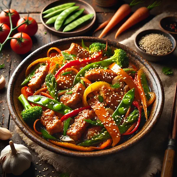 Een rustieke foodfoto van gemarineerde varkensreepjes met wokgroenten zoals paprika, wortel, broccoli en peultjes, geserveerd in een kom op een donkere houten tafel met rauwe groenten en sojasaus eromheen.