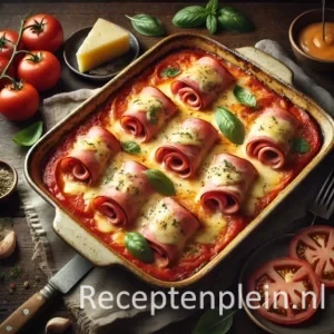 Een rustieke foodfoto van dunne plakjes ham, opgerold en gebakken in een romige tomatensaus met gesmolten kaas en basilicum, geserveerd in een ovenschaal op een donkere houten tafel met ham, tomaten en kaas eromheen.