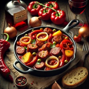 Portugees stoofgerecht met varkensvlees, chorizo, paprika, ui en aardappelschijfjes in rode wijnsaus, geserveerd in een braadpan met bruin stokbrood op een houten tafel.