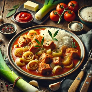 Bord met gestoofd varkensvlees in tomatensaus met preiringen, geserveerd met rijst en eventueel bestrooid met geraspte kaas, omringd door verse ingrediënten op een houten tafel.
