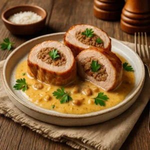 Gevulde varkenshaas met notenpâté, overgoten met romige amandel-sinaasappelsaus en gegarneerd met peterselie op een rustieke houten tafel.