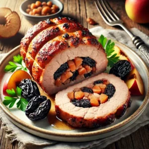 Haarscherpe afbeelding van sappig varkenshaasje, opengesneden zodat de vulling van pruimen en appelstukjes zichtbaar is. Goudbruin gebakken en afgewerkt met verse peterselie op een wit keramisch bord op een rustieke houten tafel.