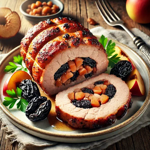 Haarscherpe afbeelding van sappig varkenshaasje, opengesneden zodat de vulling van pruimen en appelstukjes zichtbaar is. Goudbruin gebakken en afgewerkt met verse peterselie op een wit keramisch bord op een rustieke houten tafel.