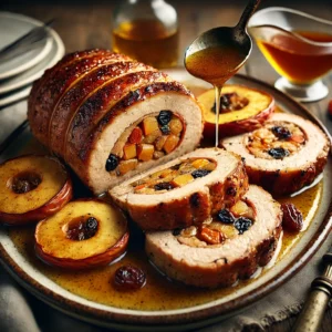 Plakken varkensrollade met appel en rozijnen op een schaal, overgoten met honing-wijnsaus, rustiek gepresenteerd.