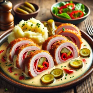 Gevulde schnitzels met ham, paprika en augurk in romige witte wijnsaus, geserveerd op een rustieke tafel.