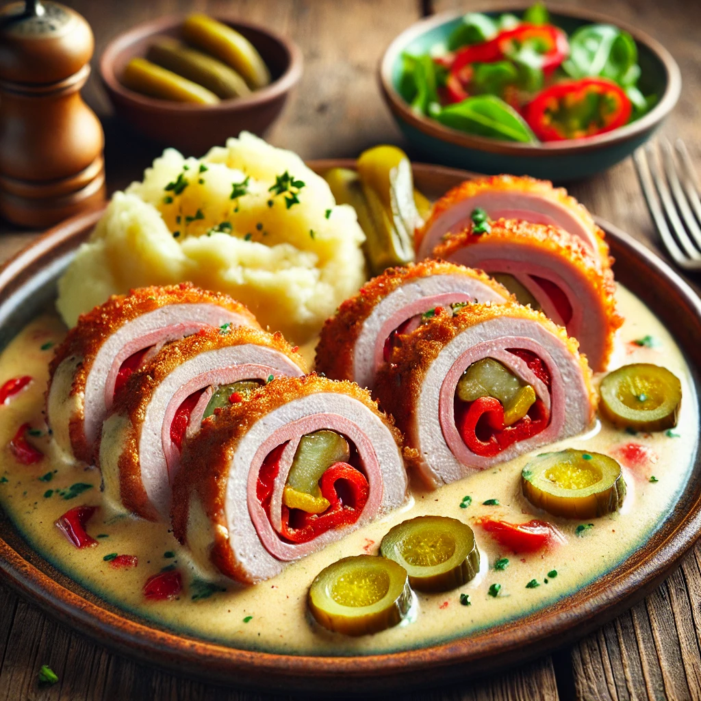 Gevulde schnitzels met ham, paprika en augurk in romige witte wijnsaus, geserveerd op een rustieke tafel.