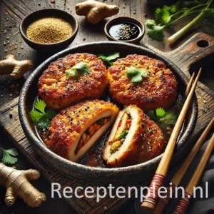 Een rustieke foodfoto van goudbruine varkensschnitzels gevuld met groenten, gember en sojasmaken, opengesneden om de vulling te tonen, geserveerd in een kom op een donkere houten tafel met sojasaus, gember en groenten eromheen.
