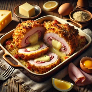 Gevulde ribkarbonades met ham en gesmolten Zwitserse kaas, goudbruin gepaneerd en geserveerd met citroenpartjes in een ovenschaal op een houten tafel.