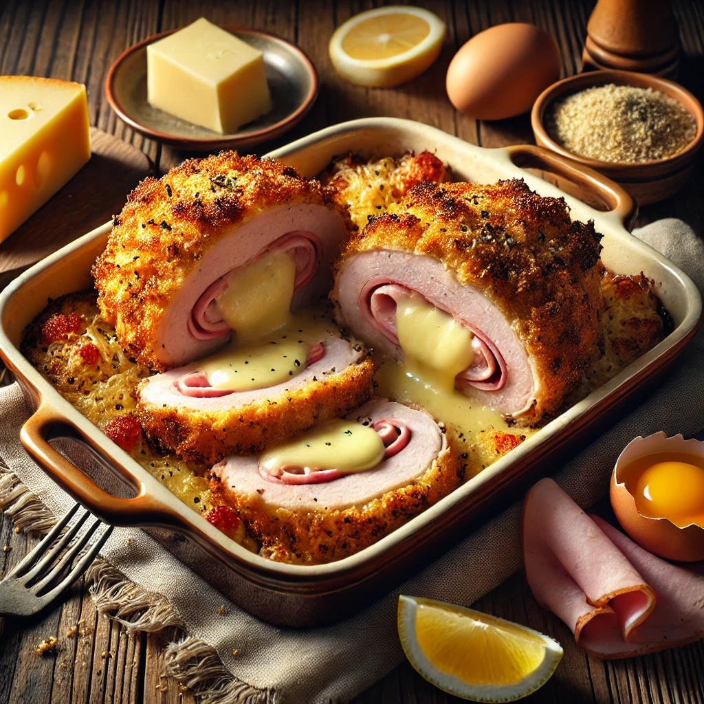 Gevulde ribkarbonades met ham en gesmolten Zwitserse kaas, goudbruin gepaneerd en geserveerd met citroenpartjes in een ovenschaal op een houten tafel.