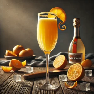 Grand Mimosa cocktail in een hoog champagneglas met een lichte oranje tint, een mix van Grand Marnier, champagne en sinaasappelsap, gegarneerd met een delicate sinaasappeltwist, gepresenteerd op een rustieke houten tafel met verse sinaasappels en ijsblokjes.