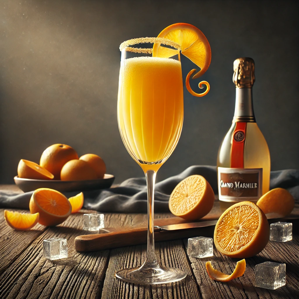 Grand Mimosa cocktail in een hoog champagneglas met een lichte oranje tint, een mix van Grand Marnier, champagne en sinaasappelsap, gegarneerd met een delicate sinaasappeltwist, gepresenteerd op een rustieke houten tafel met verse sinaasappels en ijsblokjes.