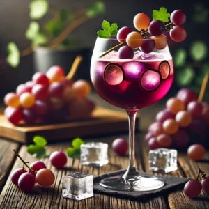 Grape Ape cocktail in een stijlvol cocktailglas, met een diepe paarse kleur, een mix van druivensap, wodka en bruine Crème de Cacao, gegarneerd met een klein trosje witte druiven, gepresenteerd op een rustieke houten tafel met ijsblokjes en verse druiven.
