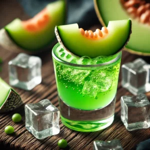 Green Monster cocktail in een klein borrelglas met een heldergroene kleur, een mix van gin, meloenlikeur en wodka, geserveerd op een rustieke houten tafel met ijsblokjes en een schijfje verse meloen als decoratie, zonder etiketten of teksten.