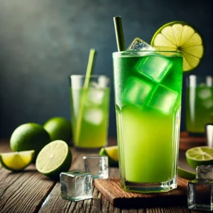 Green Demon cocktail in een hoog longdrinkglas met een heldergroene kleurovergang, geserveerd met ijsblokjes, een schijfje limoen en een rietje, gepresenteerd op een rustieke houten tafel met verse limoenen en ijsblokjes, volledig zonder etiketten of teksten.