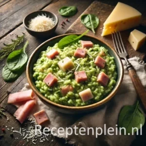 Een rustieke foodfoto van groene risotto met blokjes ham en gesmolten kaas, geserveerd in een kom op een donkere houten tafel met spinazie, ham en kaas eromheen.