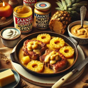 Gebakken haaskarbonades in een romige saus met ananas en Zaanse mosterd, geserveerd in een schaal op een houten tafel met ingrediënten zoals ananas, mosterd en zure room eromheen.
