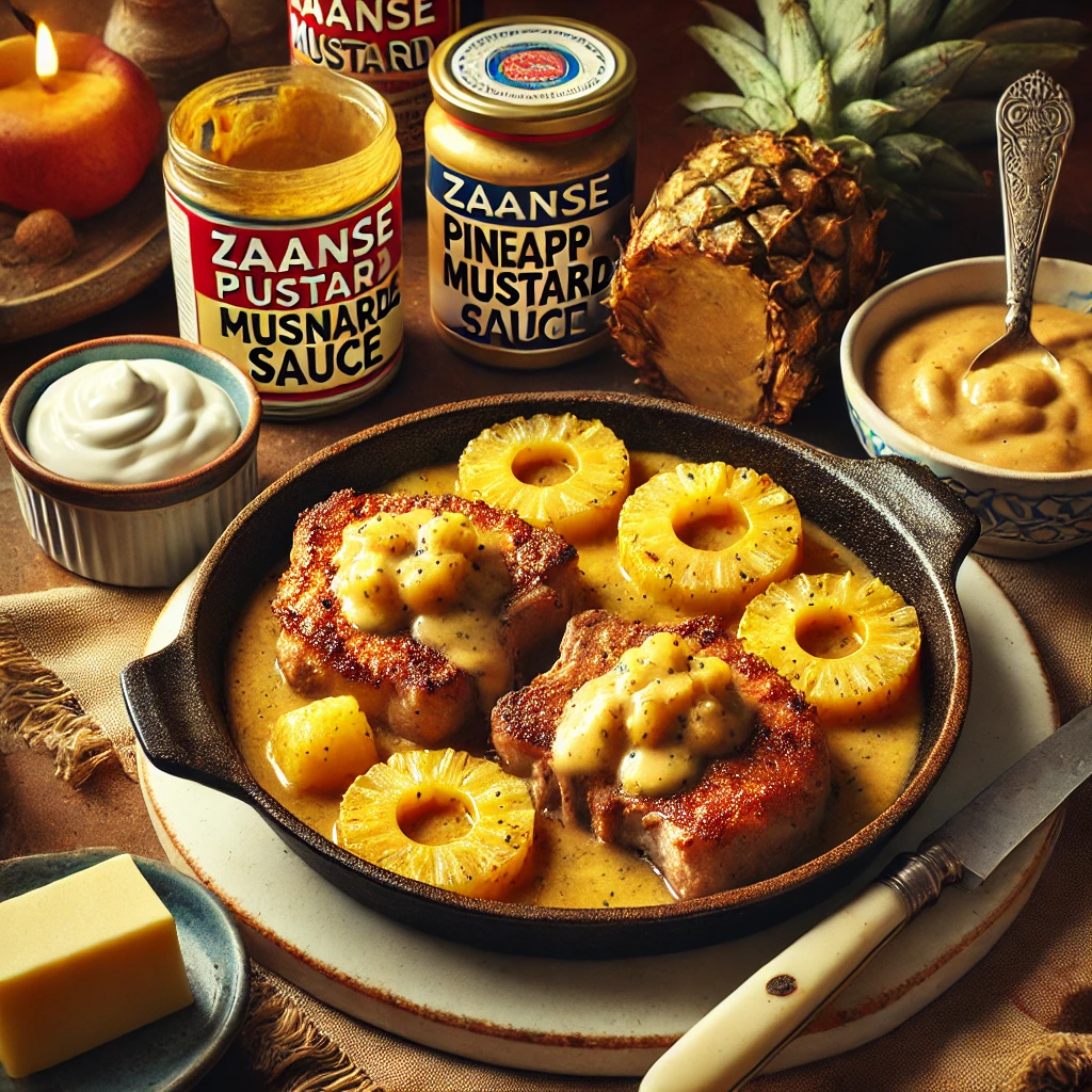 Gebakken haaskarbonades in een romige saus met ananas en Zaanse mosterd, geserveerd in een schaal op een houten tafel met ingrediënten zoals ananas, mosterd en zure room eromheen.