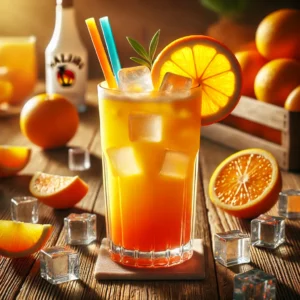 Harvey Wallbanger cocktail in een hoog longdrinkglas, een heldere oranje mix van sinaasappelsap, wodka, Malibu en Galliano, geserveerd met ijsblokjes, een schijfje sinaasappel en een kleurrijk rietje, op een rustieke houten tafel met verse sinaasappels en ijsblokjes.