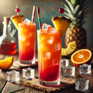 Hawaiian Punch cocktail in een hoog longdrinkglas, een tropische mix met lagen in oranje en rood, geserveerd met ijsblokjes, een kleurrijk rietje en een roerstaafje, op een rustieke houten tafel met ananasstukjes en sinaasappelschijfjes.