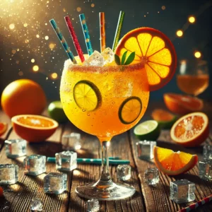 Healthy New Year cocktail in een groot cocktailglas, een levendige mix van sinaasappelsap, wodka lime en cava, geserveerd met ijsblokjes, een schijfje sinaasappel en twee kleurrijke rietjes, op een rustieke houten tafel met citruspartjes en ijsblokjes.