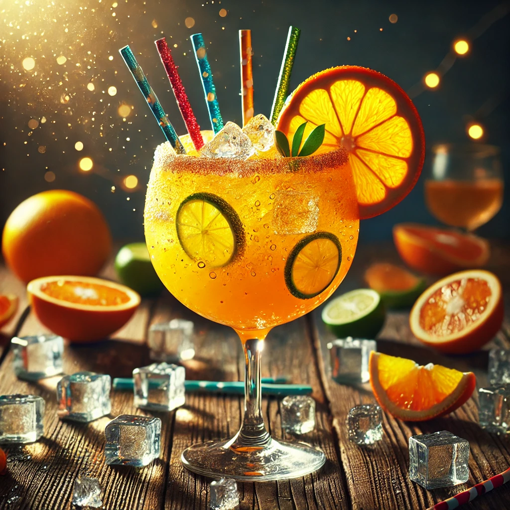Healthy New Year cocktail in een groot cocktailglas, een levendige mix van sinaasappelsap, wodka lime en cava, geserveerd met ijsblokjes, een schijfje sinaasappel en twee kleurrijke rietjes, op een rustieke houten tafel met citruspartjes en ijsblokjes.