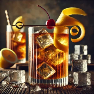 Horse's Neck cocktail in een hoog longdrinkglas, een amberkleurige mix van bourbon whiskey, ginger ale en Angostura bitters, geserveerd met ijsblokjes, een lange citroensliert en een cocktailkers, op een rustieke houten tafel met ijsblokjes en een citroen.
