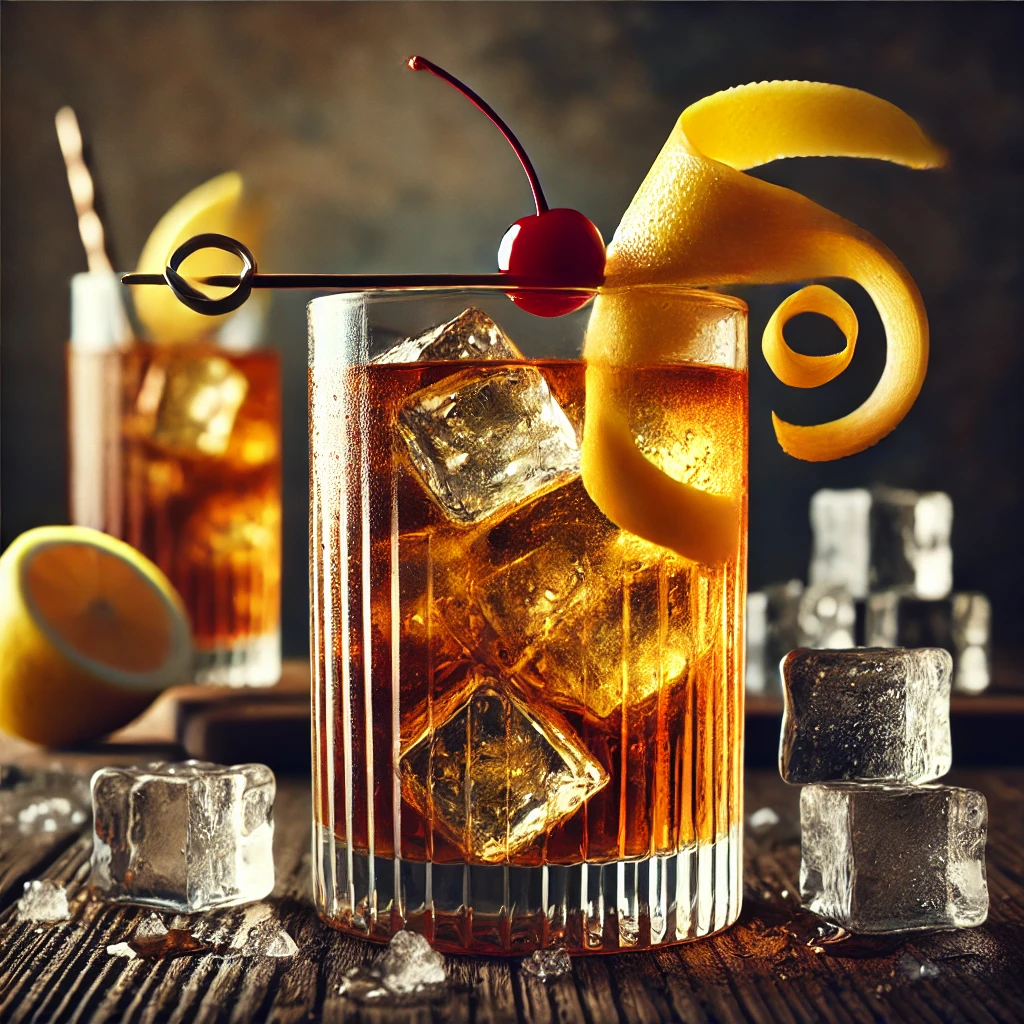 Horse's Neck cocktail in een hoog longdrinkglas, een amberkleurige mix van bourbon whiskey, ginger ale en Angostura bitters, geserveerd met ijsblokjes, een lange citroensliert en een cocktailkers, op een rustieke houten tafel met ijsblokjes en een citroen.