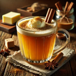 Hot Buttered Rum in een hittebestendig glazen mok met een warme, gouden kleur, gegarneerd met een romige boterlaag en een vleugje nootmuskaat, gepresenteerd op een rustieke houten tafel met kaneelstokjes en nootmuskaat.