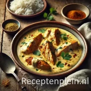 Indiase kipfilet in yoghurtsaus op rustieke houten tafel