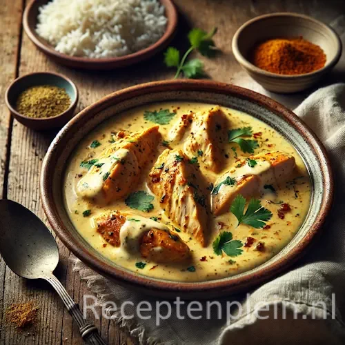 Indiase kipfilet in yoghurtsaus op rustieke houten tafel
