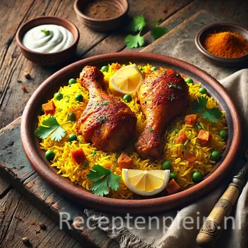 Indiase kippenpoten met gele rijst op rustieke houten tafel
