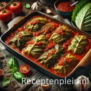 Een hyperrealistische foodfoto van Italiaanse gevulde koolbladeren met rijst, gehakt en kruiden in tomatensaus, gebakken in een ovenschaal en gegarneerd met basilicum, op een donkere houten tafel met kool, tomaten en knoflook eromheen.