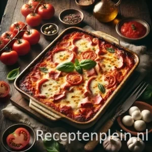 Een rustieke foodfoto van een Italiaanse ovenschotel met lagen tomatensaus, ham en gesmolten mozzarella met een goudbruine korst, geserveerd in een ovenschaal op een donkere houten tafel met tomaten, mozzarella en basilicum eromheen.