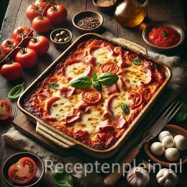 Een rustieke foodfoto van een Italiaanse ovenschotel met lagen tomatensaus, ham en gesmolten mozzarella met een goudbruine korst, geserveerd in een ovenschaal op een donkere houten tafel met tomaten, mozzarella en basilicum eromheen.