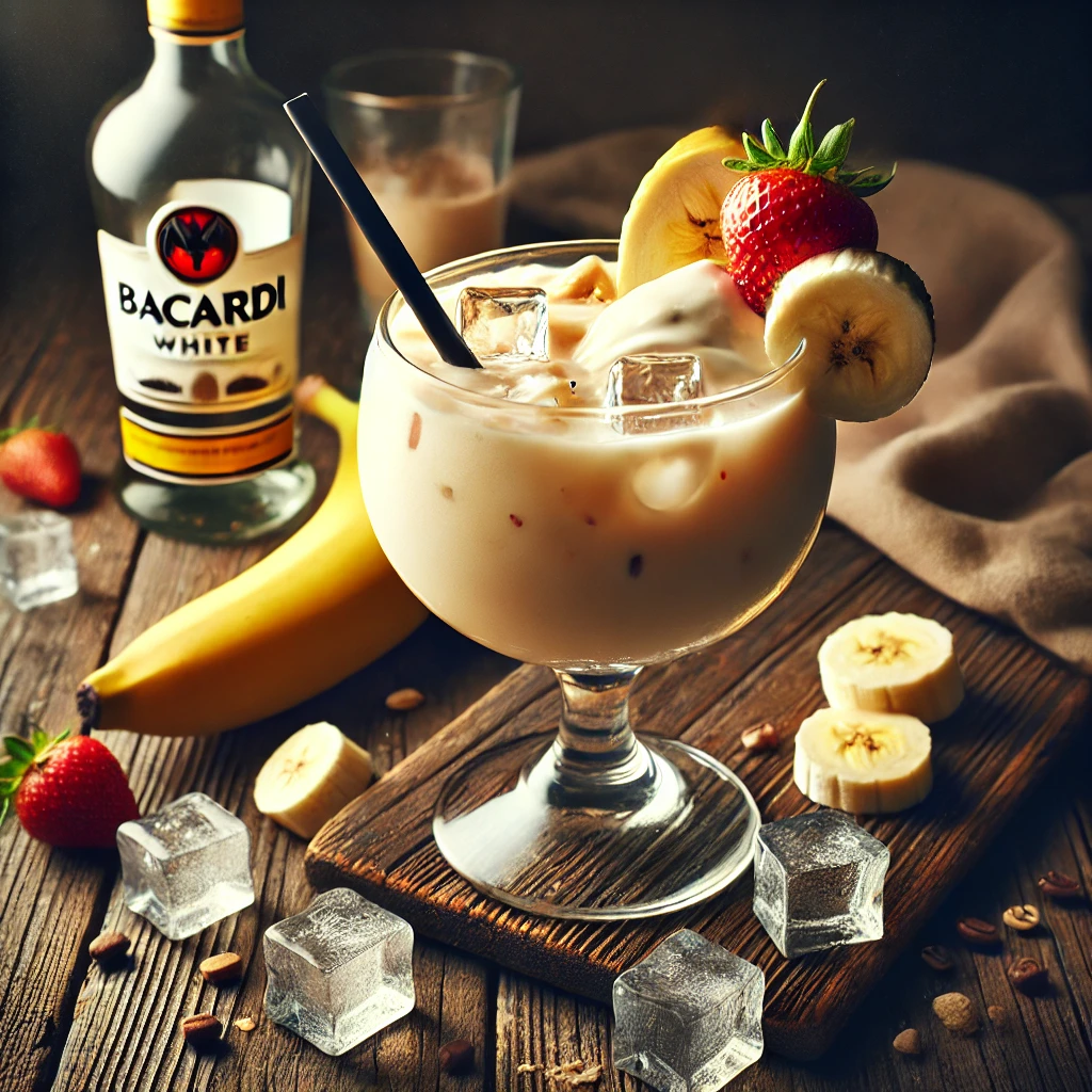 Jamaican Banana cocktail in een groot, elegant cocktailglas, met een romige beige kleur, gegarneerd met een schijfje banaan, een verse aardbei en een zwart rietje, gepresenteerd op een rustieke houten tafel met ijsblokjes en bananenschijfjes.