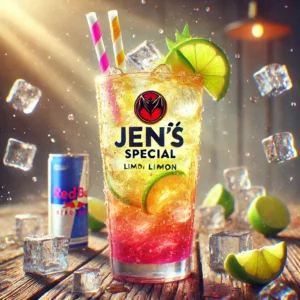 Jens Special cocktail in een hoog longdrinkglas, een lichte en bruisende mix van Bacardi Limon, Red Bull en 7-Up, geserveerd met ijsblokjes en twee kleurrijke rietjes, op een rustieke houten tafel met verspreide ijsblokjes.