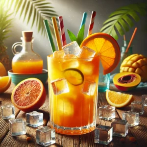 Jungle Juice cocktail in een hoog longdrinkglas met een heldere oranje kleur, een mix van Pisang Ambon, gin, apricot brandy, citroensap en jus d'orange, geserveerd met ijsblokjes, twee kleurrijke rietjes en een roerstaafje, gepresenteerd op een rustieke houten tafel met citruspartjes en ijsblokjes.