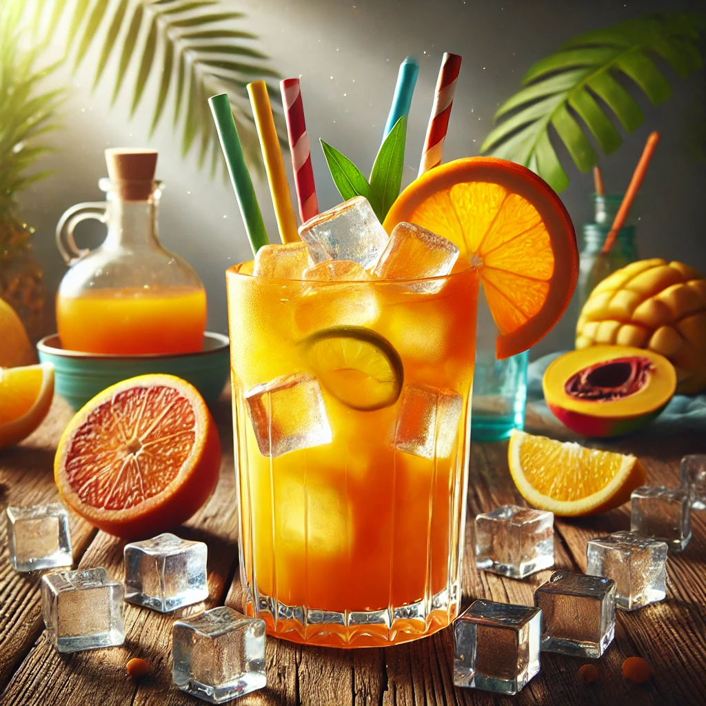 Jungle Juice cocktail in een hoog longdrinkglas met een heldere oranje kleur, een mix van Pisang Ambon, gin, apricot brandy, citroensap en jus d'orange, geserveerd met ijsblokjes, twee kleurrijke rietjes en een roerstaafje, gepresenteerd op een rustieke houten tafel met citruspartjes en ijsblokjes.