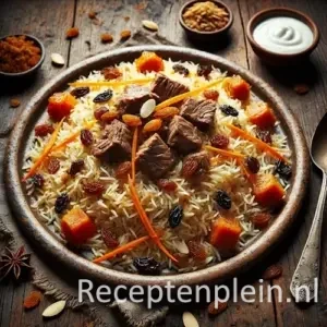 Kabuli palow op rustieke houten tafel