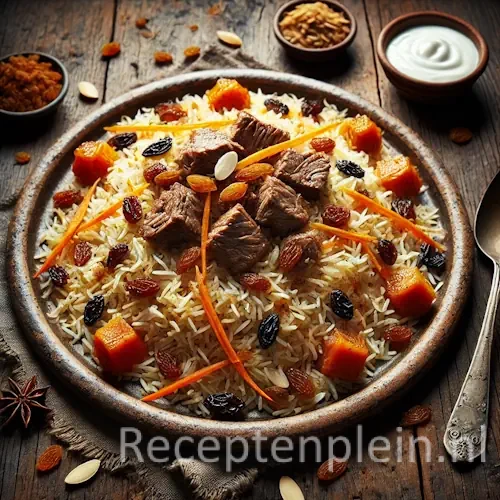 Kabuli palow op rustieke houten tafel