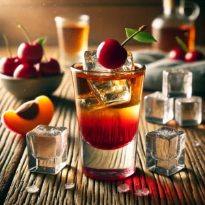 Kalabreeze shooter in een klein shotglas met een gelaagd uiterlijk in tinten van rood, amber en helder, gepresenteerd op een rustieke houten tafel met ijsblokjes en decoratieve accenten van kersen en abrikozen.