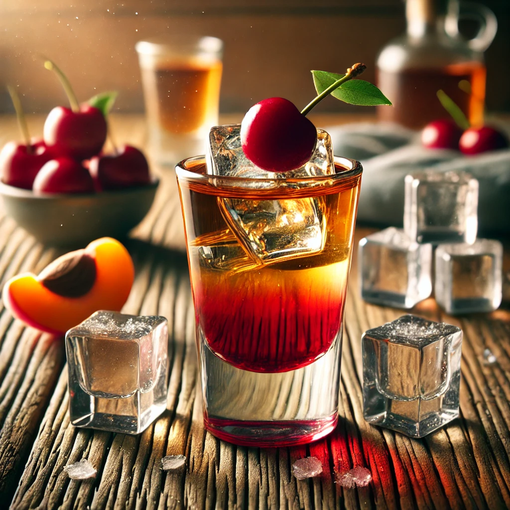 Kalabreeze shooter in een klein shotglas met een gelaagd uiterlijk in tinten van rood, amber en helder, gepresenteerd op een rustieke houten tafel met ijsblokjes en decoratieve accenten van kersen en abrikozen.