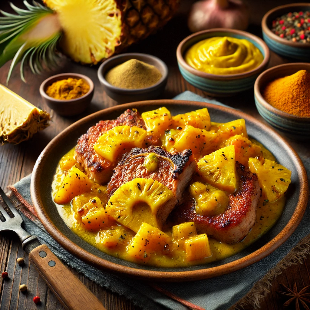 Gebakken schouderkarbonades geserveerd met een zelfgemaakte ananaspiccalilly met mosterd, kurkuma en gember, gepresenteerd op een houten tafel met bijpassende ingrediënten zonder zichtbare etiketten.